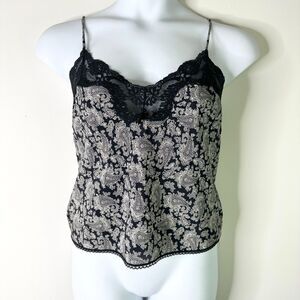 ESCAPADES Cami Women M Black White Lace Trimmed Vintage Paisley Crepe Sexy